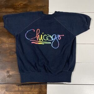 Vintage 80s Chicago Short Sleeve Blue Sweatshirt‎ Mens Medium Velva Sheen 50/50